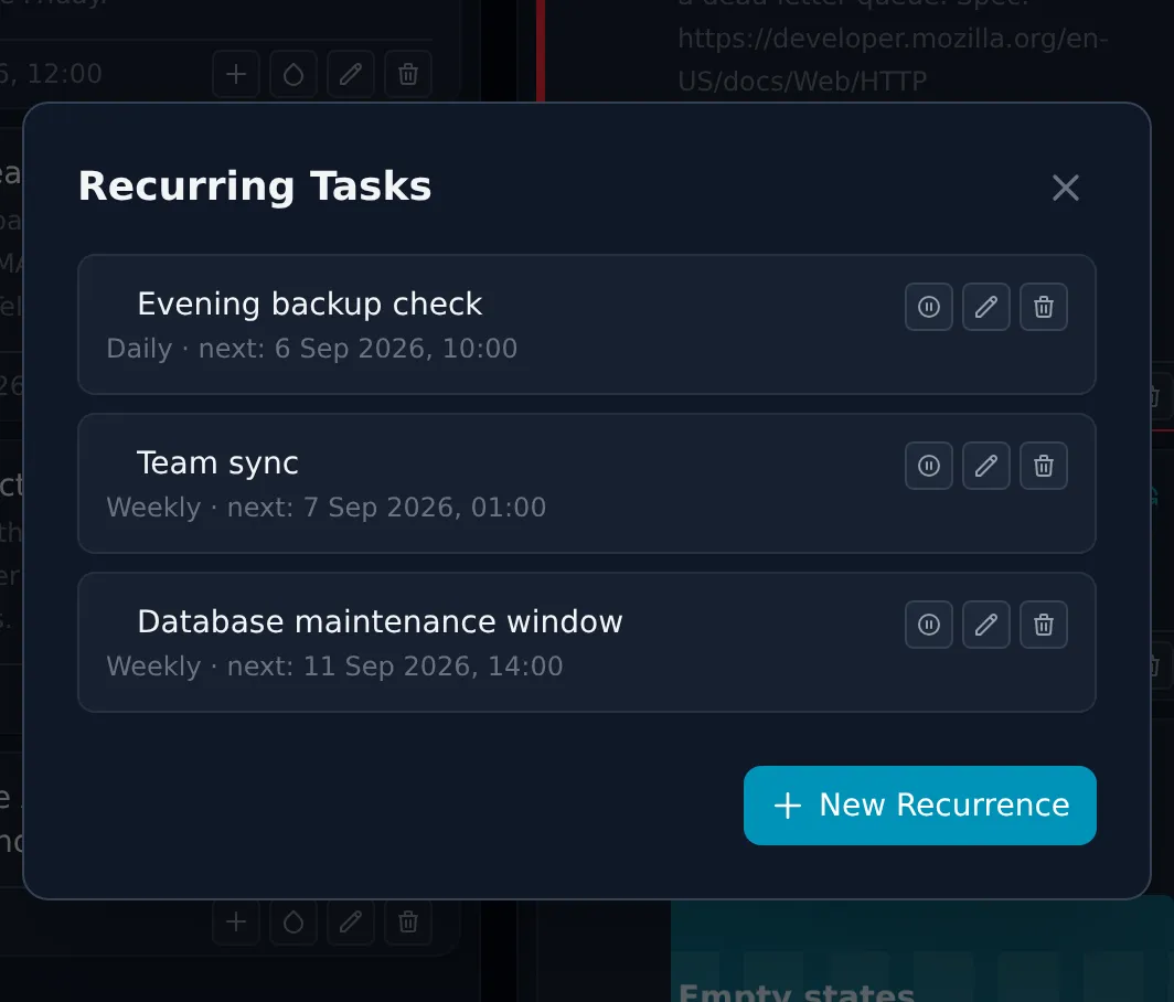 Deck's recurring tasks manager listing daily, weekly and monthly schedules