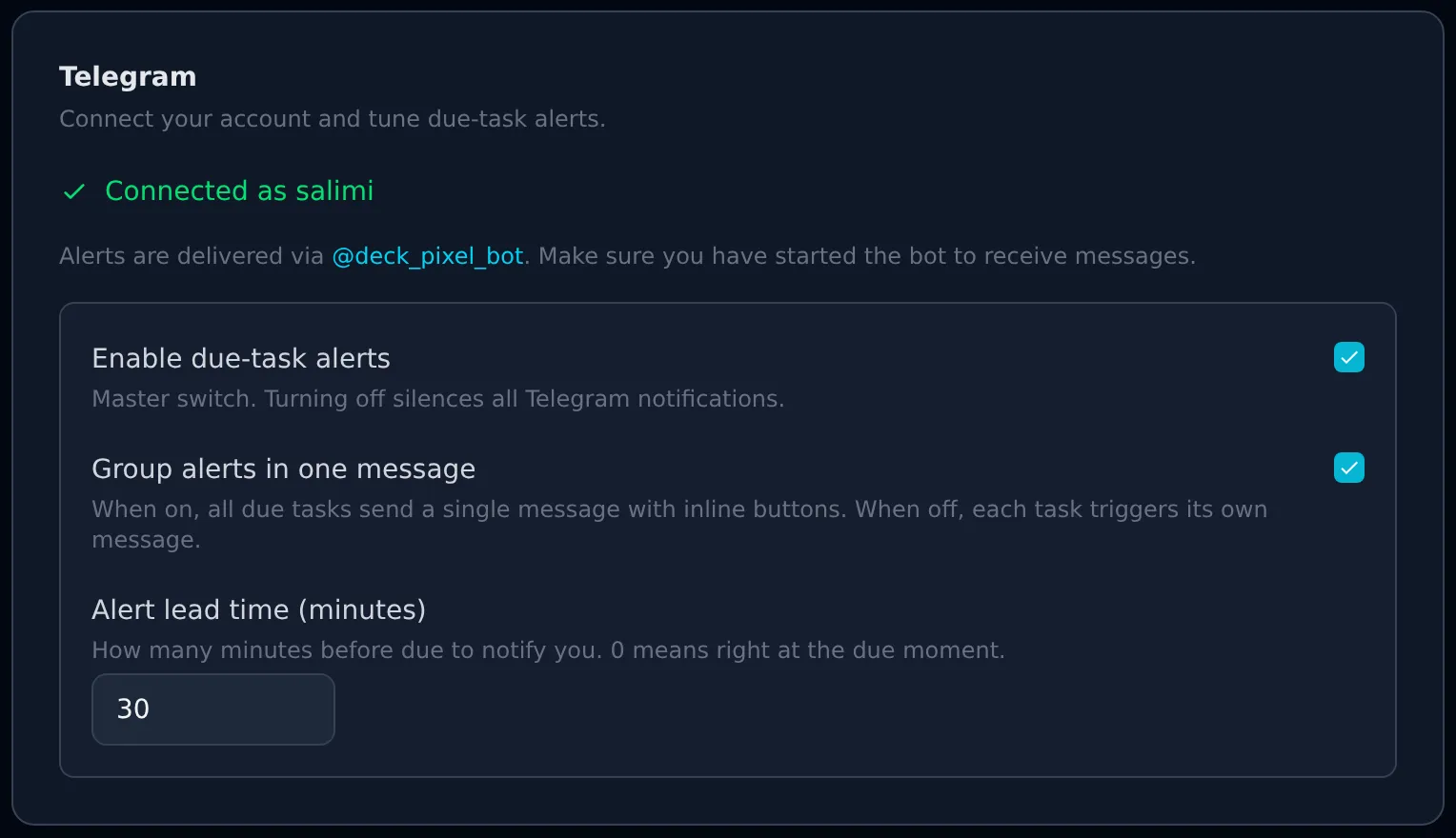 Deck's Telegram alert settings: master switch, digest grouping and lead time